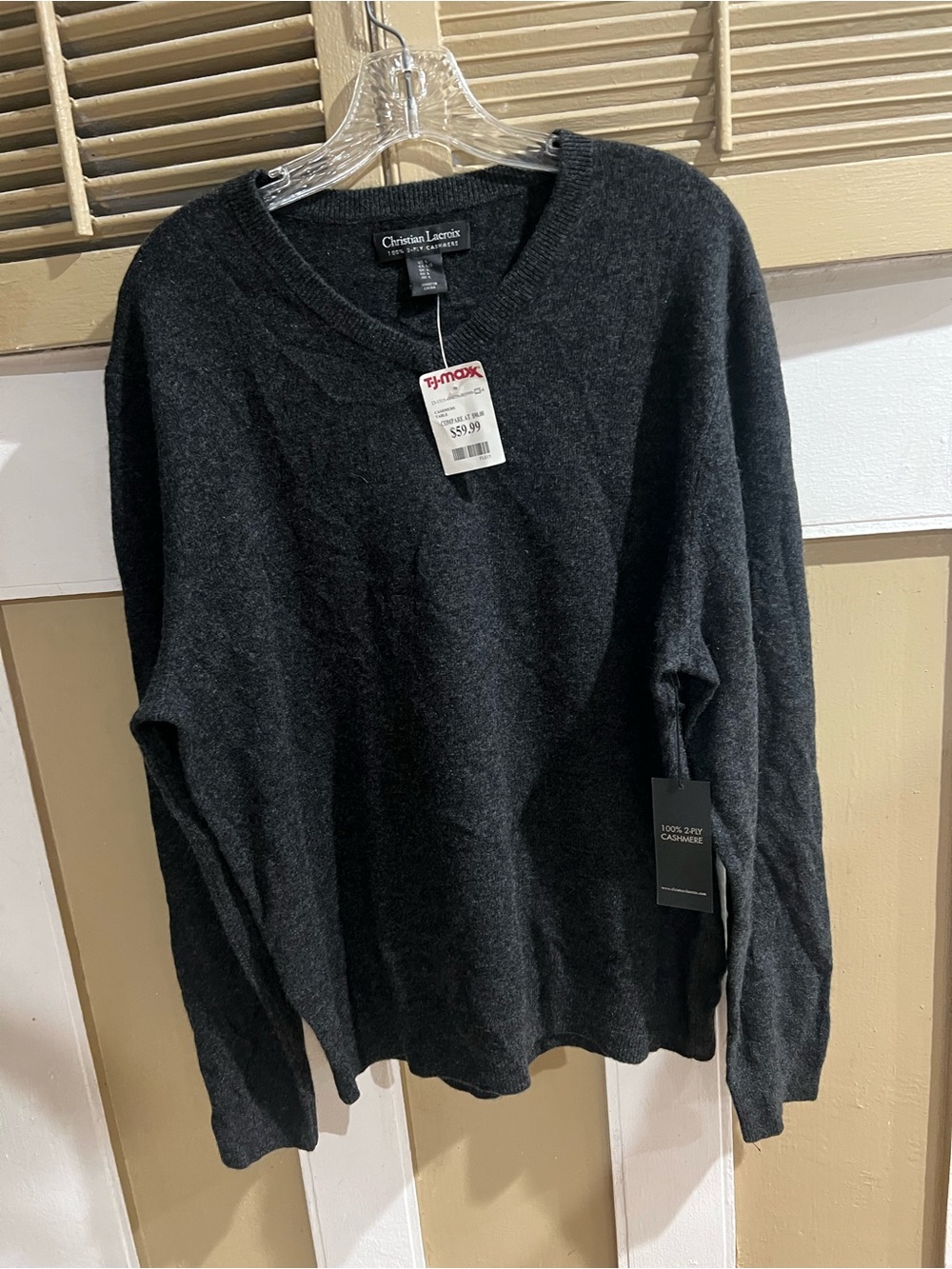 Christian Lacroix Men's 100% Cashmere Dark Charcoal V-Neck Sweater size L